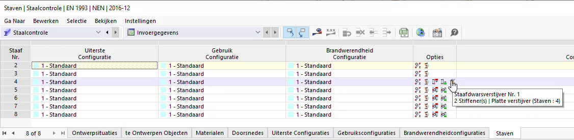 Tabel 'Staven' met symbolen van de controle-opties